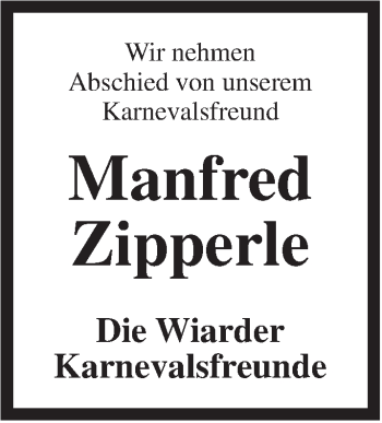 Traueranzeige von Manfred Zipperle von Jeversches Wochenblatt