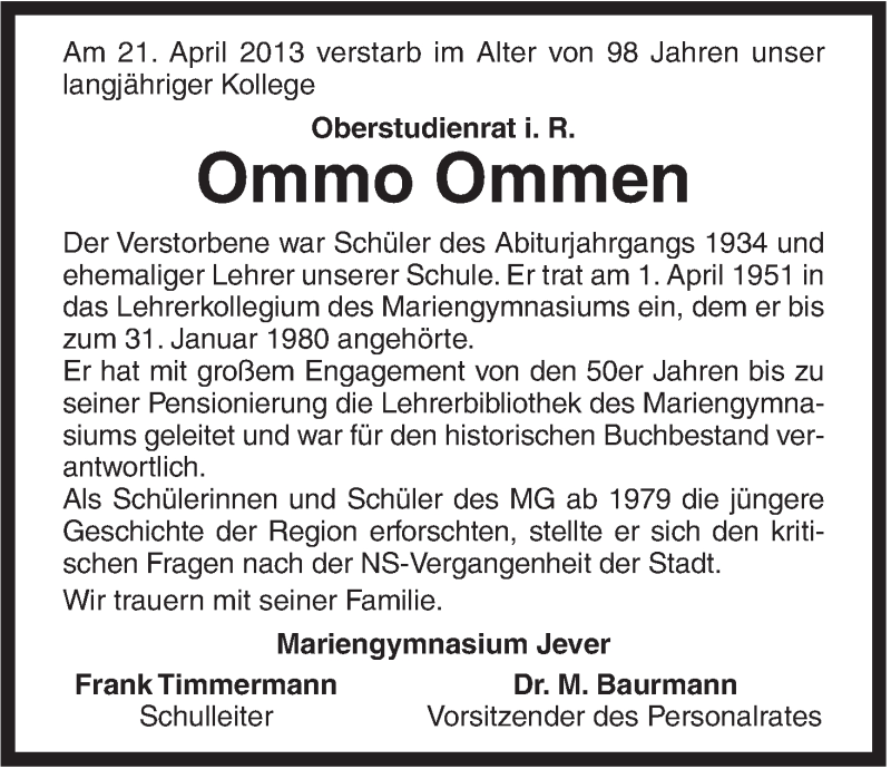  Traueranzeige für Ommo Ommen vom 25.04.2013 aus Jeversches Wochenblatt