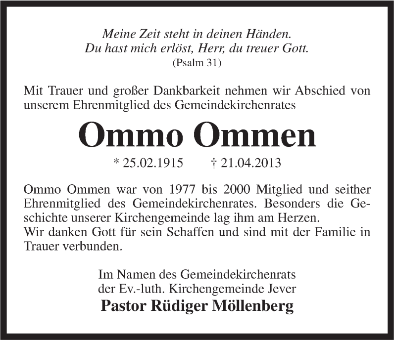  Traueranzeige für Ommo Ommen vom 25.04.2013 aus Jeversches Wochenblatt