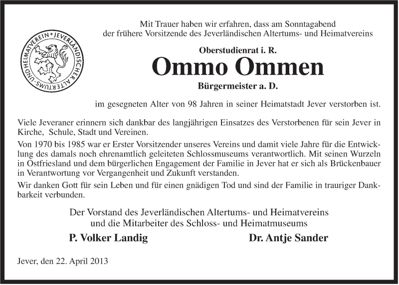  Traueranzeige für Ommo Ommen vom 25.04.2013 aus Jeversches Wochenblatt