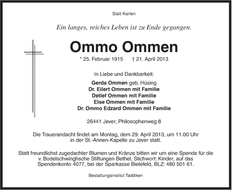  Traueranzeige für Ommo Ommen vom 25.04.2013 aus Jeversches Wochenblatt