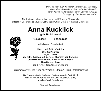 Traueranzeige von Anna Kucklick von Wilhelmshavener Zeitung
