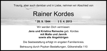 Traueranzeige von Rainer Kordes von Wilhelmshavener Zeitung