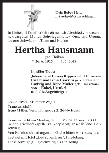 Traueranzeige von Hertha Hausmann von Rhein-Zeitung