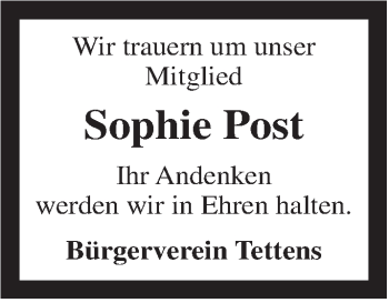 Traueranzeige von Sophie Post von Rhein-Zeitung