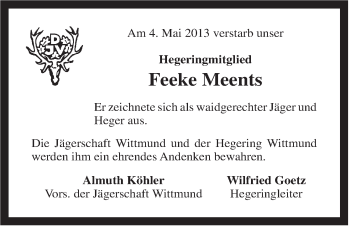 Traueranzeige von Feeke Meents von Rhein-Zeitung