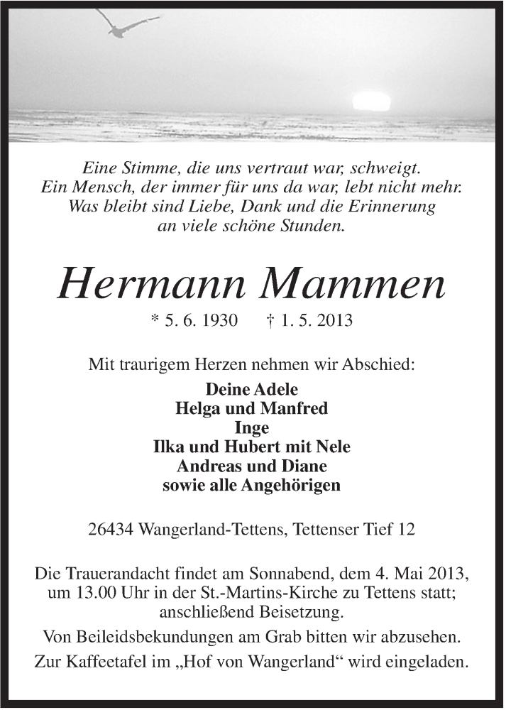  Traueranzeige für Hermann Mammen vom 02.05.2013 aus Jeversches Wochenblatt