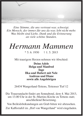 Traueranzeige von Hermann Mammen von Jeversches Wochenblatt