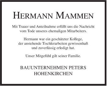 Traueranzeige von Hermann Mammen von Jeversches Wochenblatt