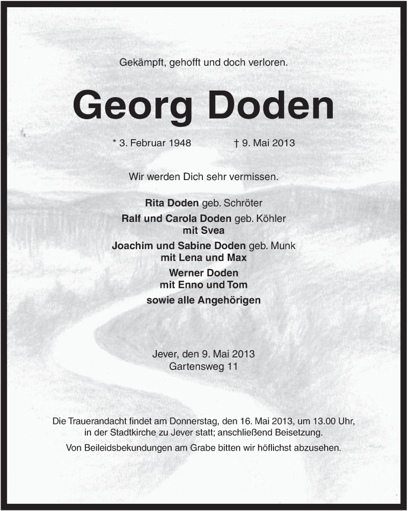  Traueranzeige für Georg Doden vom 11.05.2013 aus Jeversches Wochenblatt