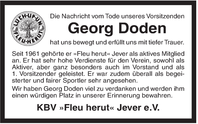  Traueranzeige für Georg Doden vom 13.05.2013 aus Jeversches Wochenblatt