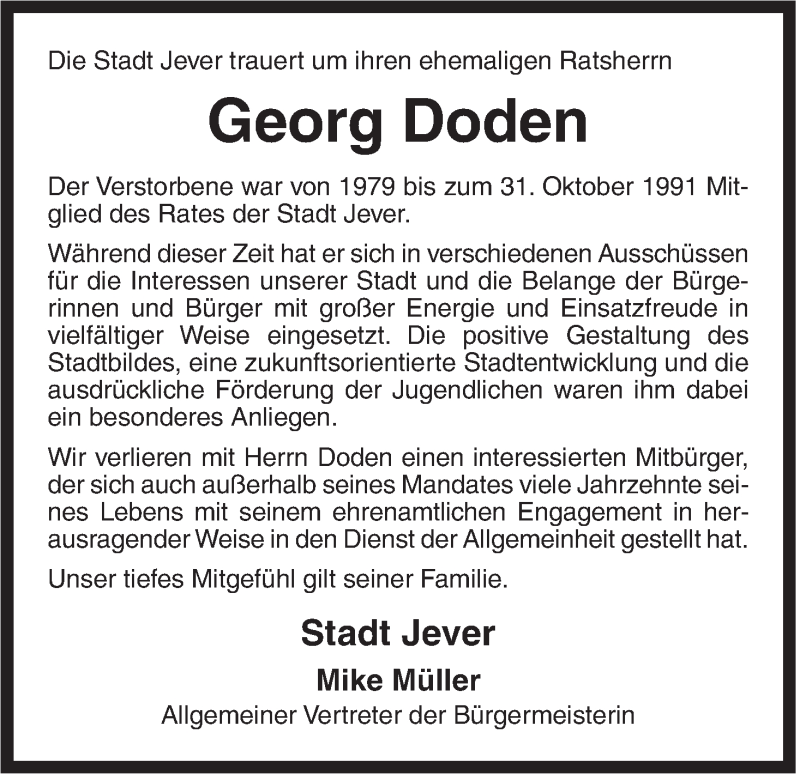  Traueranzeige für Georg Doden vom 14.05.2013 aus Jeversches Wochenblatt