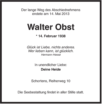 Traueranzeigen von Walter Obst | nordwest-trauer.de