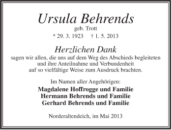 Traueranzeige von Ursula Behrends von Jeversches Wochenblatt