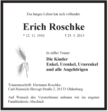 Traueranzeige von Erich Roschke von Jeversches Wochenblatt