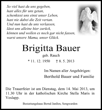 Traueranzeige von Brigitta Bauer von Wilhelmshavener Zeitung