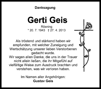 Traueranzeige von Gerti Geis von Wilhelmshavener Zeitung