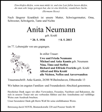 Traueranzeige von Anita Neumann von Wilhelmshavener Zeitung