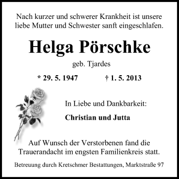 Traueranzeige von Helga Pörschke von Wilhelmshavener Zeitung