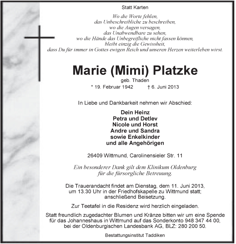  Traueranzeige für Marie Platzke vom 08.06.2013 aus Rhein-Zeitung