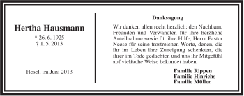 Traueranzeige von Hertha Hausmann von Rhein-Zeitung