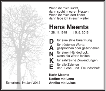 Traueranzeige von Hans Meents von Jeversches Wochenblatt