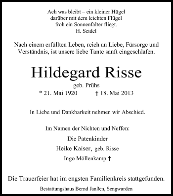 Traueranzeige von Hildegard Risse von Wilhelmshavener Zeitung