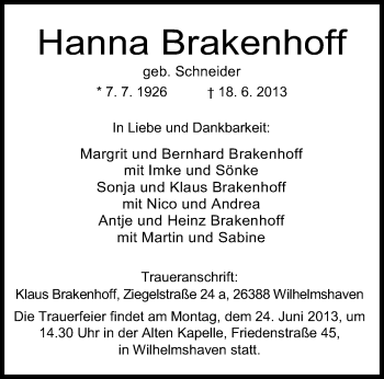 Traueranzeige von Hanna Brakenhoff von Wilhelmshavener Zeitung