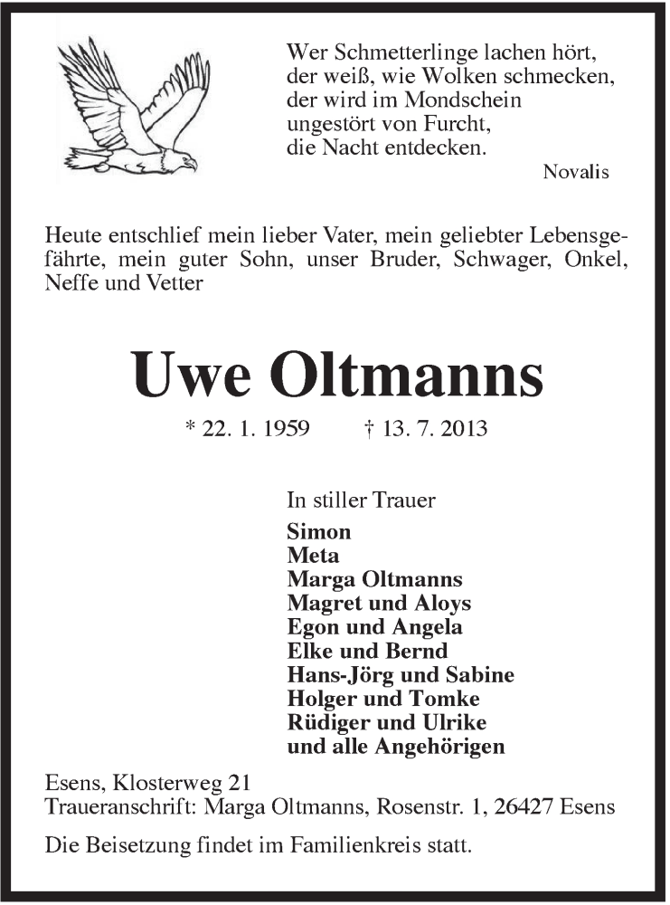  Traueranzeige für Uwe Oltmanns vom 16.07.2013 aus Rhein-Zeitung