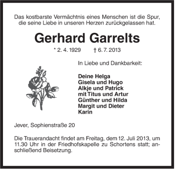Traueranzeige von Gerhard Garrelts von Jeversches Wochenblatt