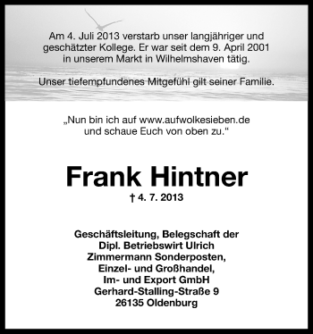 Traueranzeige von Frank Hintner von Wilhelmshavener Zeitung