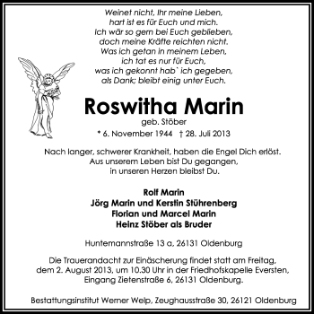 Traueranzeige von Roswitha Marin von Wilhelmshavener Zeitung
