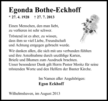 Traueranzeige von Egonda Bothe-Eckhoff von Wilhelmshavener Zeitung