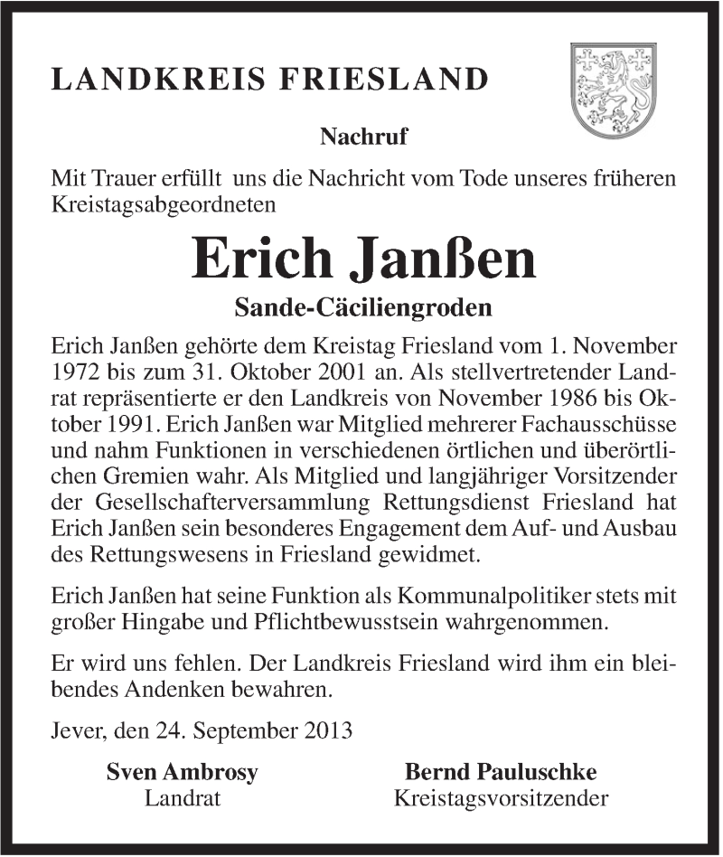  Traueranzeige für Erich Janßen vom 24.09.2013 aus Jeversches Wochenblatt