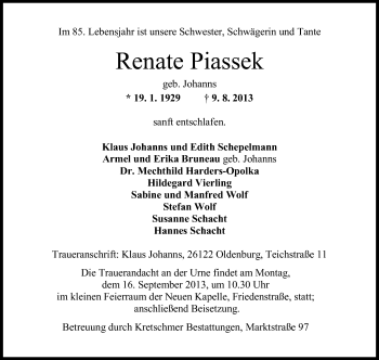 Traueranzeige von Renate Piassek von Wilhelmshavener Zeitung