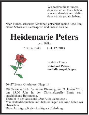 Traueranzeige von Heidemarie Peters von Rhein-Zeitung
