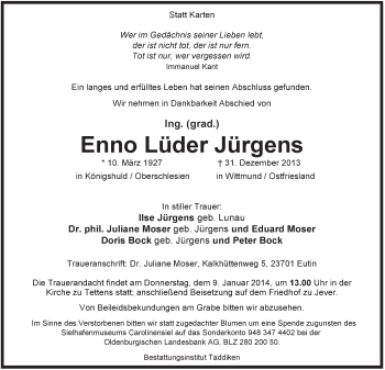 Traueranzeige von Enno Lüder Jürgens von Rhein-Zeitung