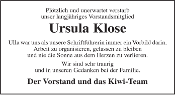 Traueranzeige von Ursula Klose von Rhein-Zeitung