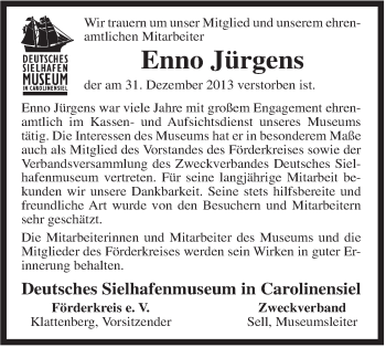 Traueranzeige von Enno Jürgens von Rhein-Zeitung