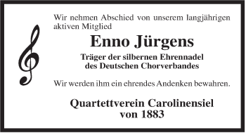 Traueranzeige von Enno Lüder Jürgens von Rhein-Zeitung