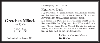 Traueranzeige von Gretchen Mönck von Rhein-Zeitung