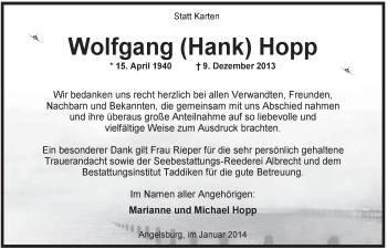 Traueranzeige von Wolfgang Hopp von Rhein-Zeitung
