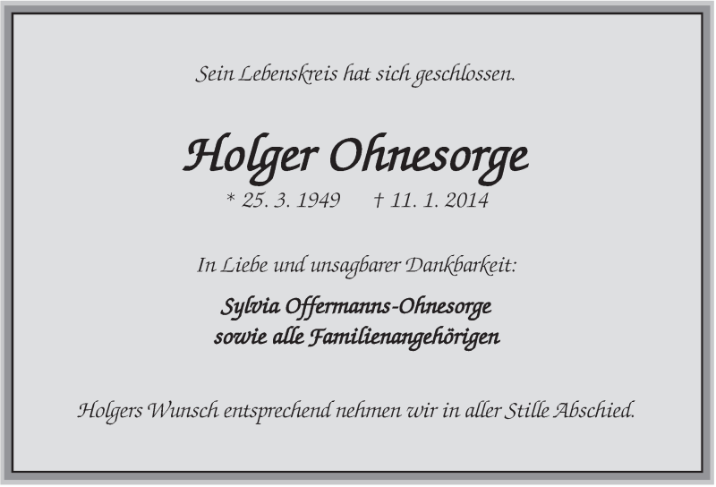  Traueranzeige für Holger Ohnesorge vom 13.01.2014 aus Jeversches Wochenblatt