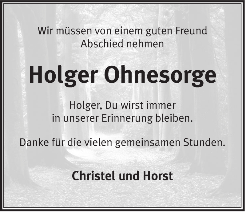  Traueranzeige für Holger Ohnesorge vom 14.01.2014 aus Jeversches Wochenblatt