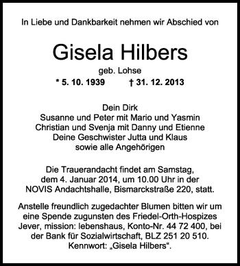 Traueranzeige von Gisela Hilbers von Wilhelmshavener Zeitung