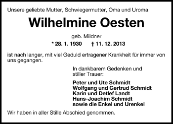 Traueranzeige von Wilhelmine Oesten von Wilhelmshavener Zeitung