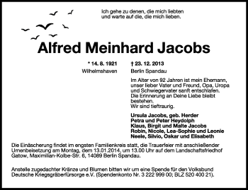 Traueranzeige von Alfred Meinhard Jacobs von Wilhelmshavener Zeitung