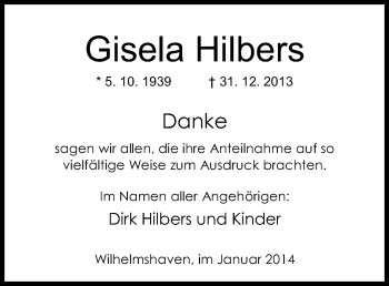 Traueranzeige von Gisela Hilbers von Wilhelmshavener Zeitung