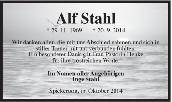 Traueranzeige von Alf Stahl von Rhein-Zeitung