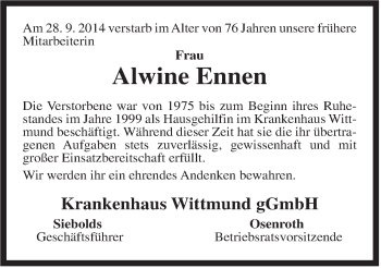 Traueranzeige von Alwine Ennen von Rhein-Zeitung